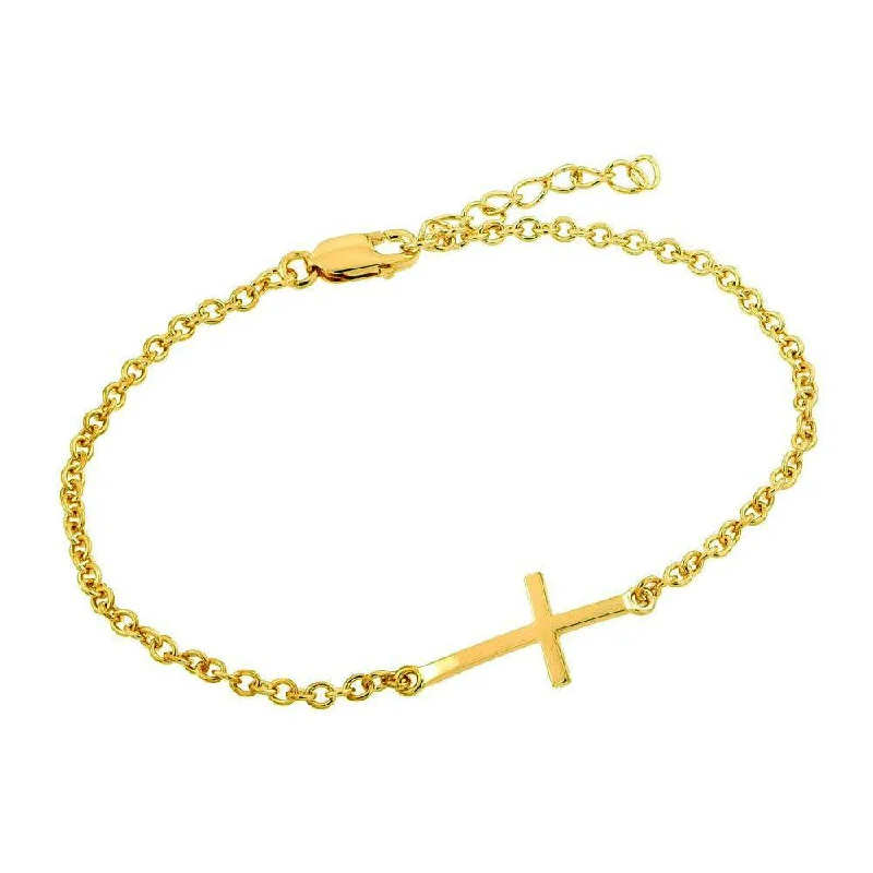 Silver 925 Gold Plated Sideways Cross CZ Bracelet - BGB00110GP