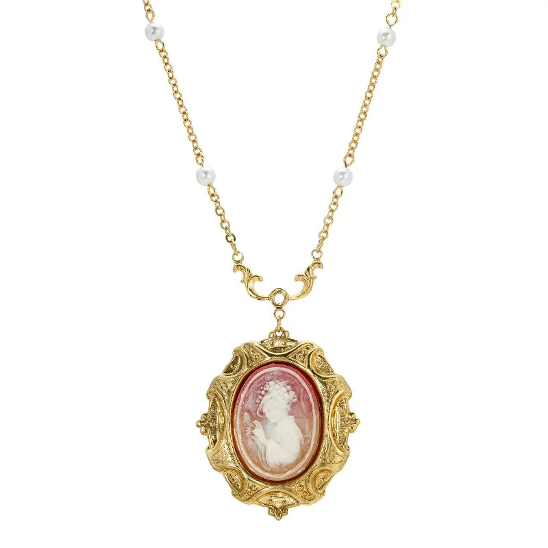 1928 Jewelry Victorian Reflections Carnelian & Ivory Cameo Pendant Faux Pearl Necklace 16" + 3" Extender