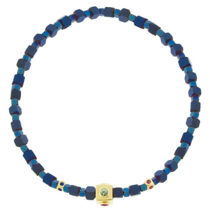 Sapphire Lego Cube with Tetras on Blue Hematite Bracelet