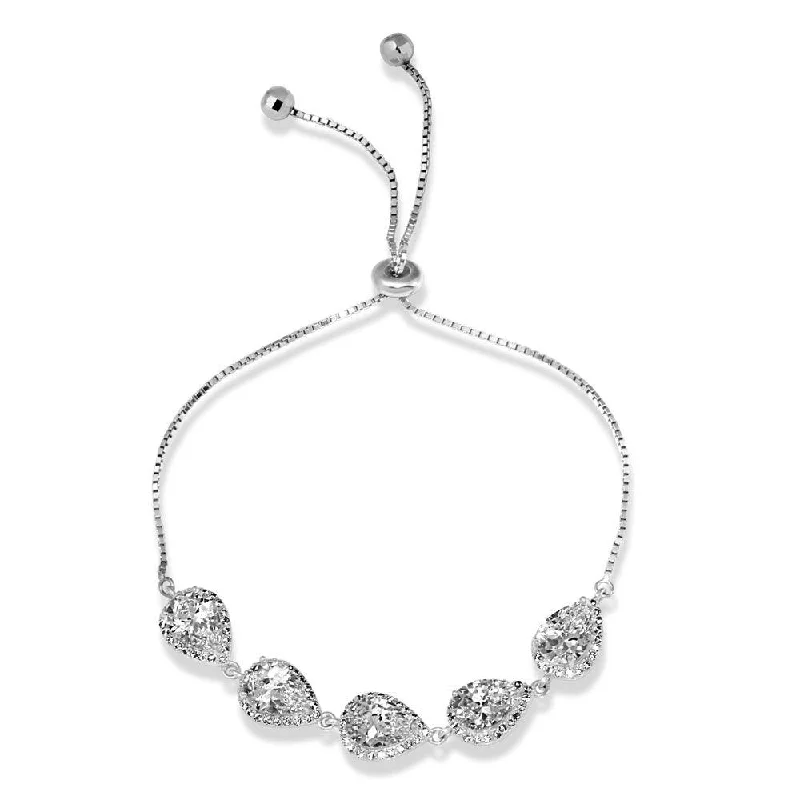 Rhodium Plated 925 Sterling Silver 5 Micro Pave Clear Pear and Clear Round CZ Lariat Bracelet - STB00549CZ