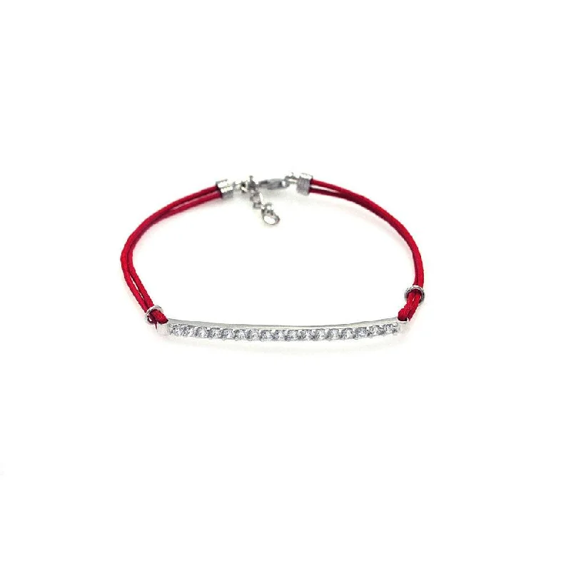 Silver 925 Rhodium Plated Clear CZ ID Red Cord Bracelet - STB00401