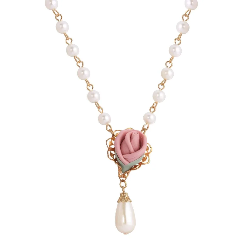 1928 Jewelry Pink Porcelain Rose Bud Faux Pearl Pendant Necklace 15" + 3" Extension