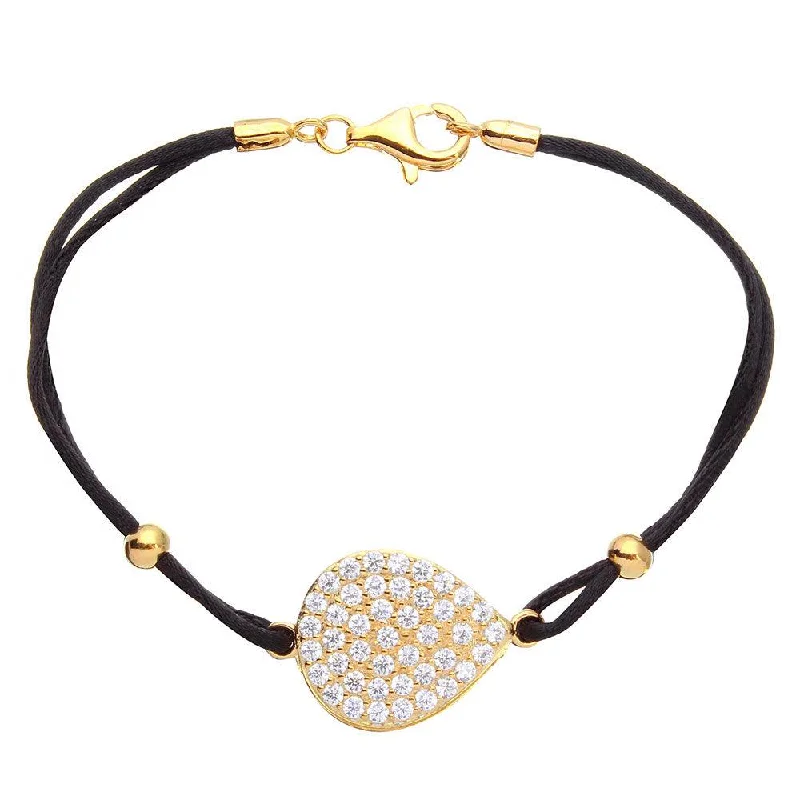 Gold Plated 925 Sterling Silver CZ Encrusted Disc on a Black Cord Bracelet - BGB00280