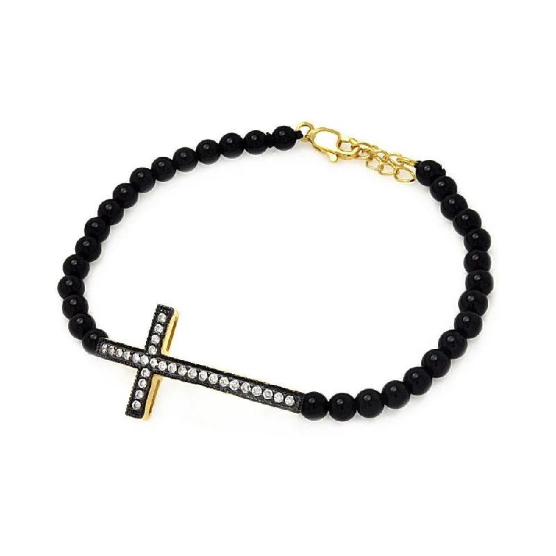 Wholesale Sterling Silver 925  Gold Plated Sideways Cross CZ Black Bead Bracelet - BGB00121