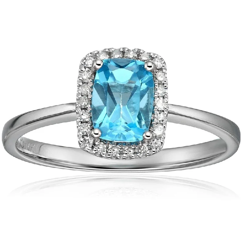 10k White Gold Swiss Blue Topaz, Diamond Cushion Engagement Ring, Sz 7