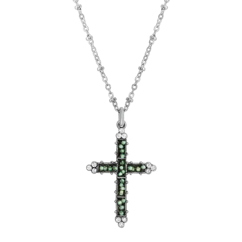 Symbols Of Faith Glass Turquoise Seeded Bead Cross Pendant Necklace 16" + 3" Extender