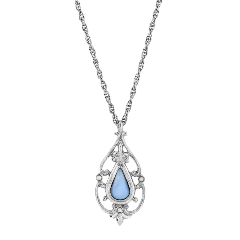 1928 Jewelry Faux Blue Moonstone Teardrop Fleur De Lis Pendant Necklace 16" + 3 " Extender