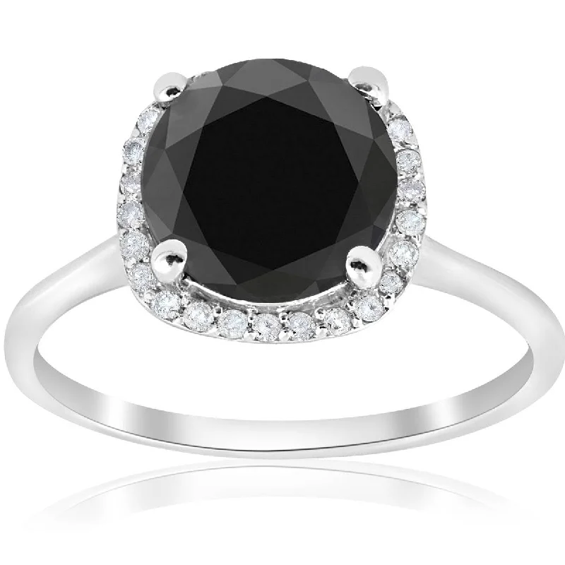 3 1/10ct Treated Black Diamond Cushion Halo Engagement Ring 14K White Gold