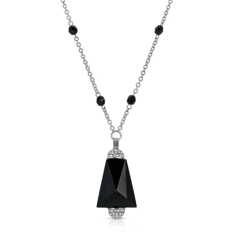 1928 Jewelry Triangular Black Glass Stone Crystal Accent Pendant Necklace 20"