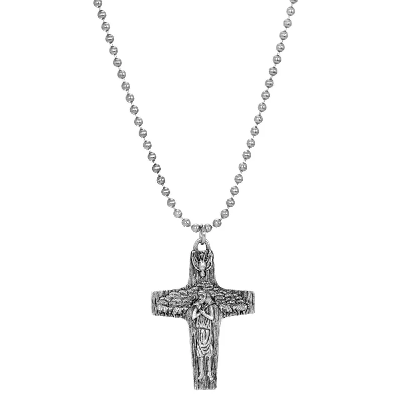 Symbols of Faith Shepherd with Flock of Sheep Pewter Cross Pendant Necklace 22"