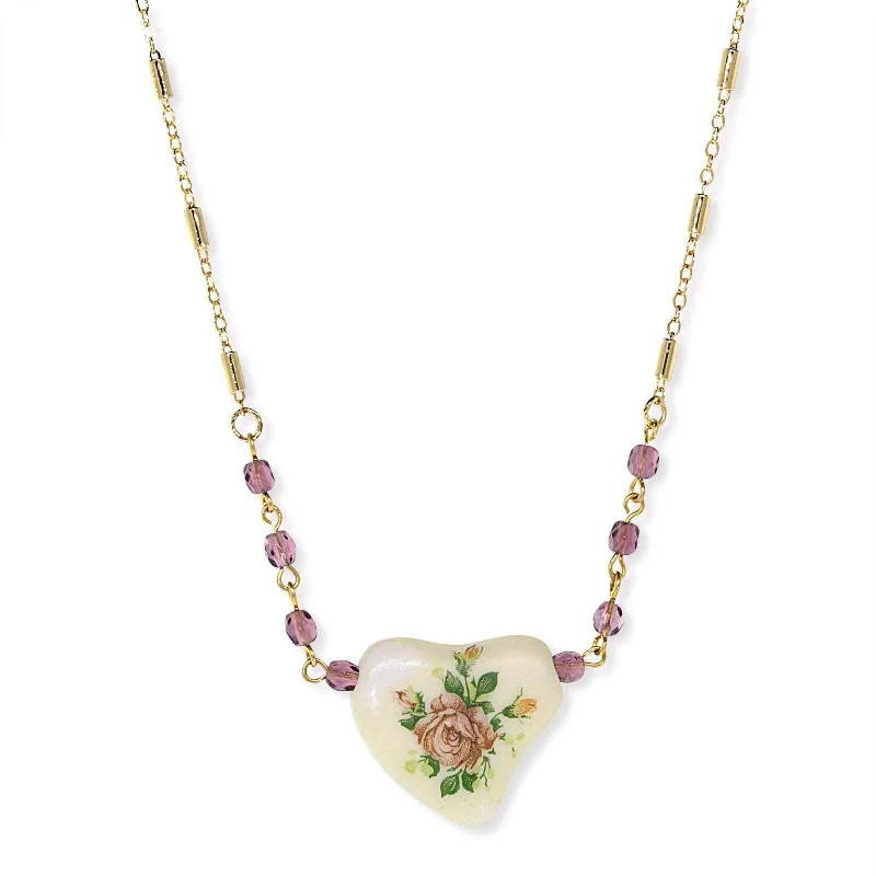 1928 Jewelry Purple Beaded White Heart With Pink Floral Decal Necklace 16" + 3" Extender