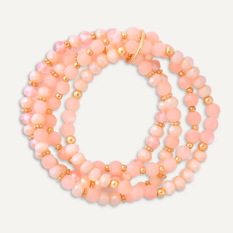 Multi-row Pink Semi-Precious Stone & Crystal Elasticated Bracelet In Gold-Tone