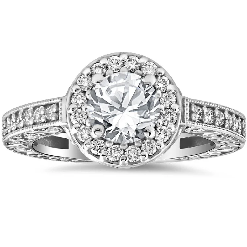 14k White Gold 1 1/3 cttw Diamond Clarity Enhanced Antique Halo Art Deco Engagement Ring