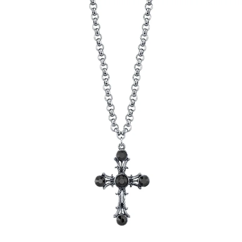 1928 Jewelry Black Stone Cross Pendant Necklace 16" + 3" Extender