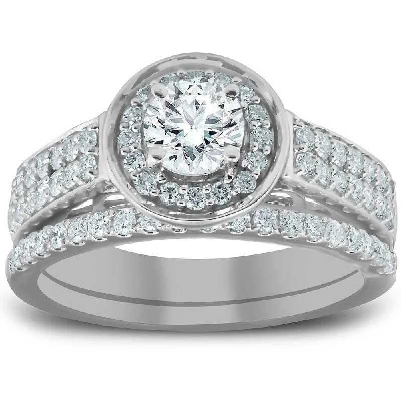 Pompeii3 10k White Gold 1 1/4 Ct TDW Halo Diamond Engagement Ring Matching Wedding Band Set