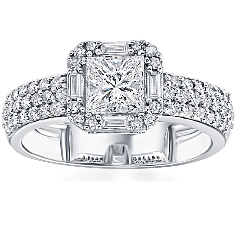 1 5/8CT Princess Cut Baguette Halo Diamond Engagement Ring 14k White Gold