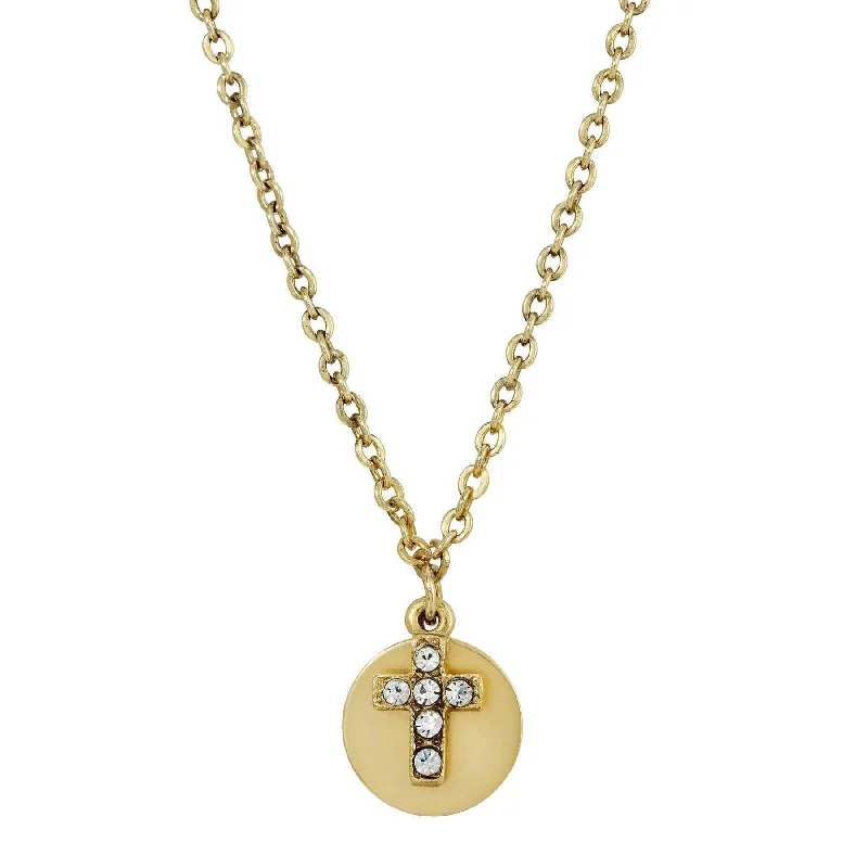 Symbols of Faith Crystal Cross Round Disc Pendant Necklace 16" + 3" Extender