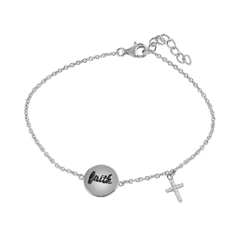 Silver 925 Rhodium Plated Faith and Cross with CZ Bracelet - STB00530