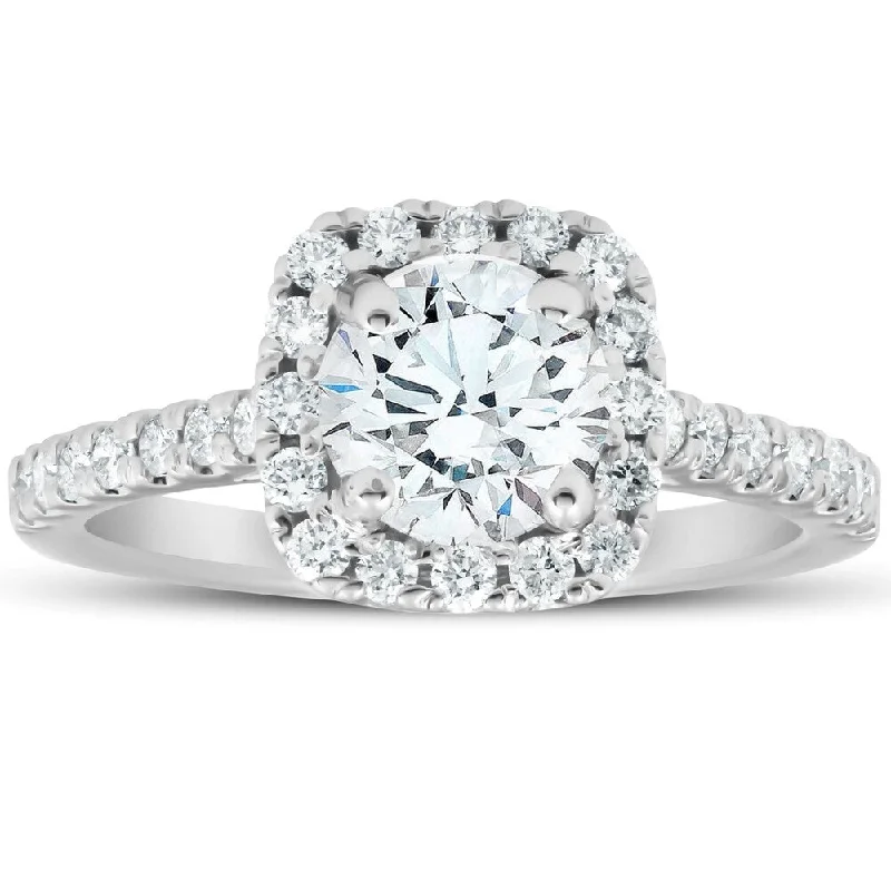 14k White Gold 1.61Ct Cushion Halo Diamond Engagement Ring IGI Certified