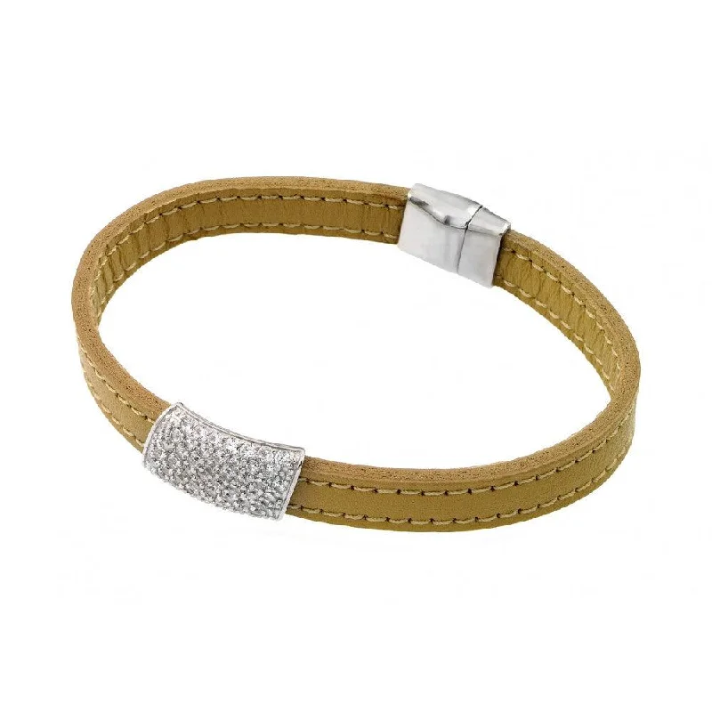 Silver 925 Rhodium Plated Clear Micro Pave CZ Leather Bracelet - ECB002RH