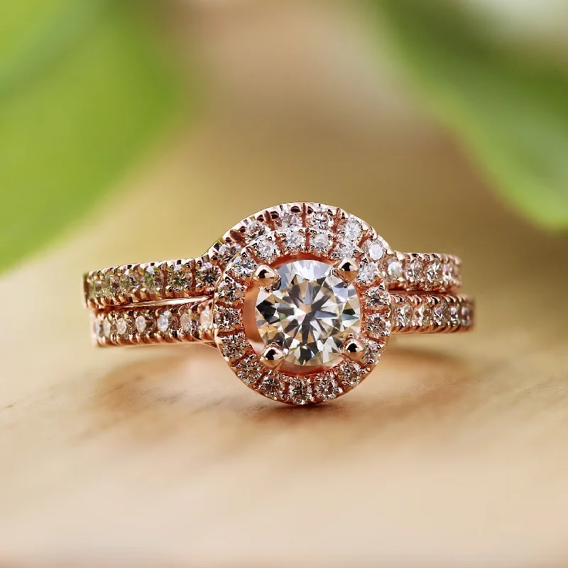 Auriya 14k Rose Gold 1ctw Round Diamond Halo Engagement Ring Set