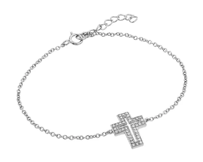 Silver 925 Rhodium Plated Clear Open Cross CZ Bracelet - BGB00113