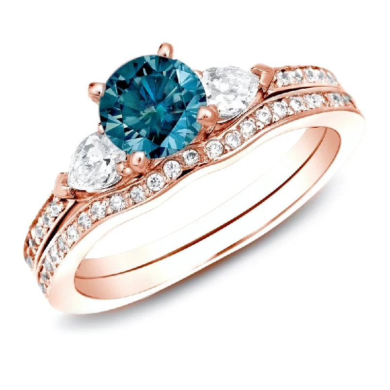 Auriya 14k Rose Gold 1ctw Blue Diamond 3-stone Engagement Ring Set