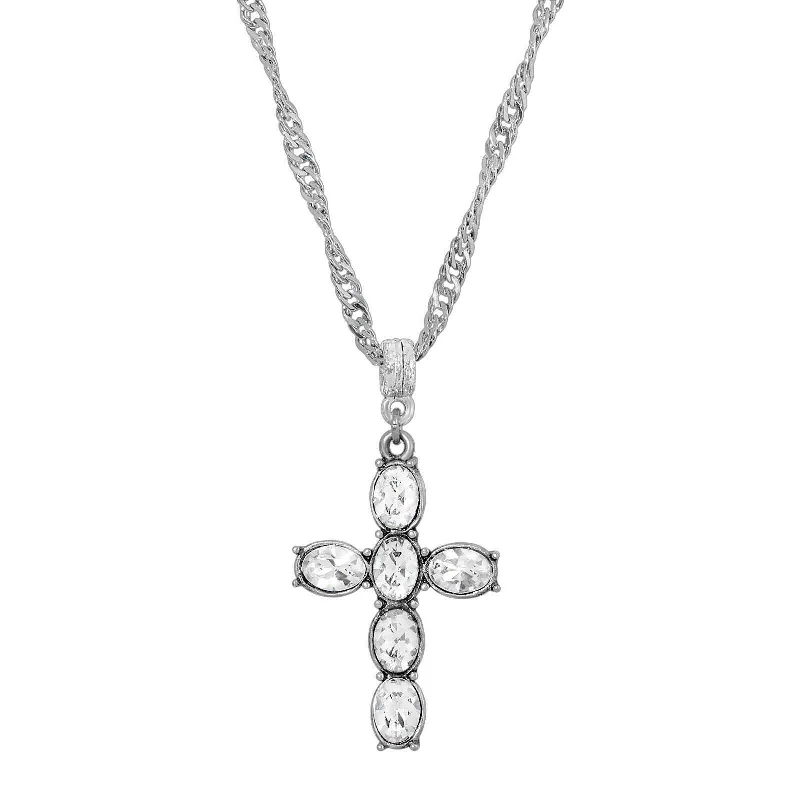 Symbols Of Faith Pewter Crystal Cross Twisted Pendant Necklace 20"