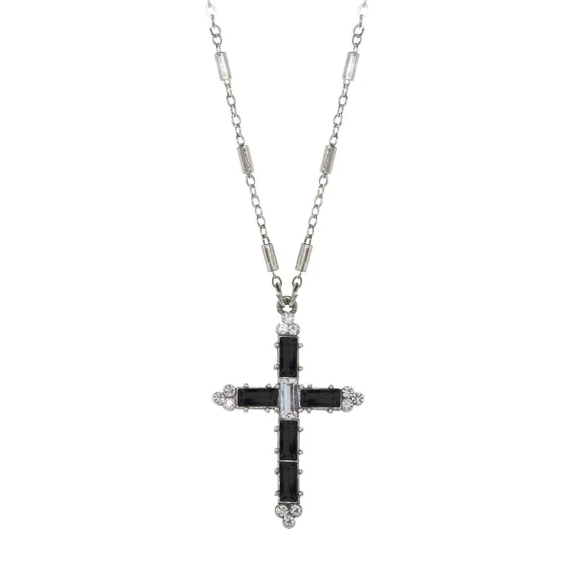 Symbols Of Faith Pewter Crystal Cross Pendant Necklace 20"