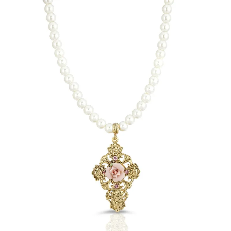 Symbols Of Faith 6mm Faux Pearl Strand Pink Porcelain Rose Flower Pendant Crystal Necklace 15" + 3" Extender