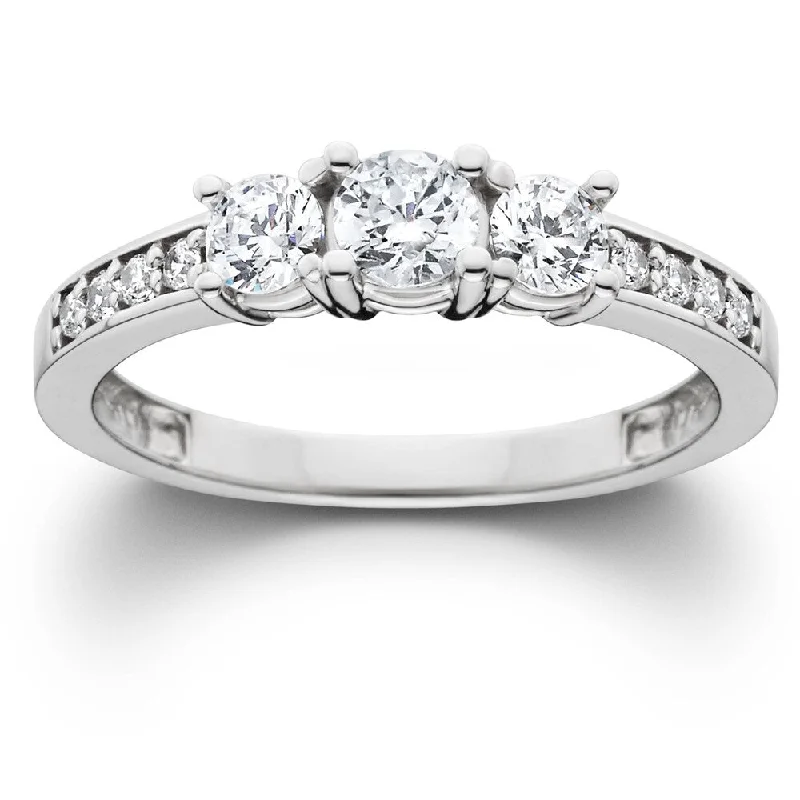 1Ct Diamond EX3 Lab Grown Three Stone Engagement Ring 10k White Gold (((G-H)), SI(1)-SI(2))