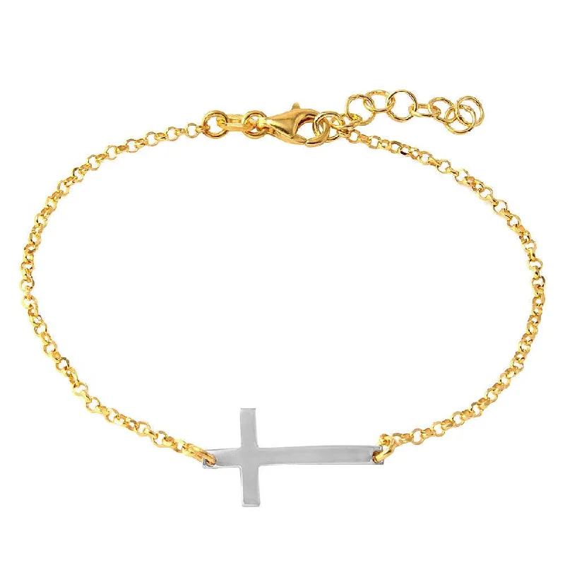 Silver 925 Gold Plated Italian Rolo Chain with Rhodium Plated Cross Bracelet - ARB00020GP