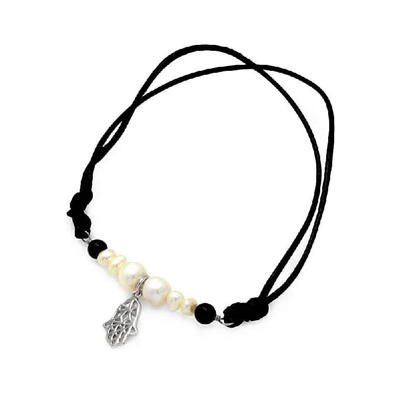 Silver 925 Rhodium Plated Pearl Black Bead Hamsa Black Cord Bracelet - STB00492