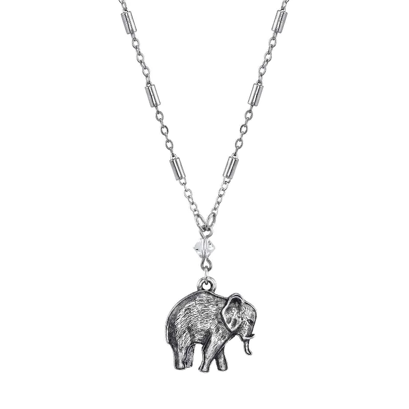 1928 Jewelry Pewter Elephant Drop Chain Pendant Necklace 16" + 3" Extender