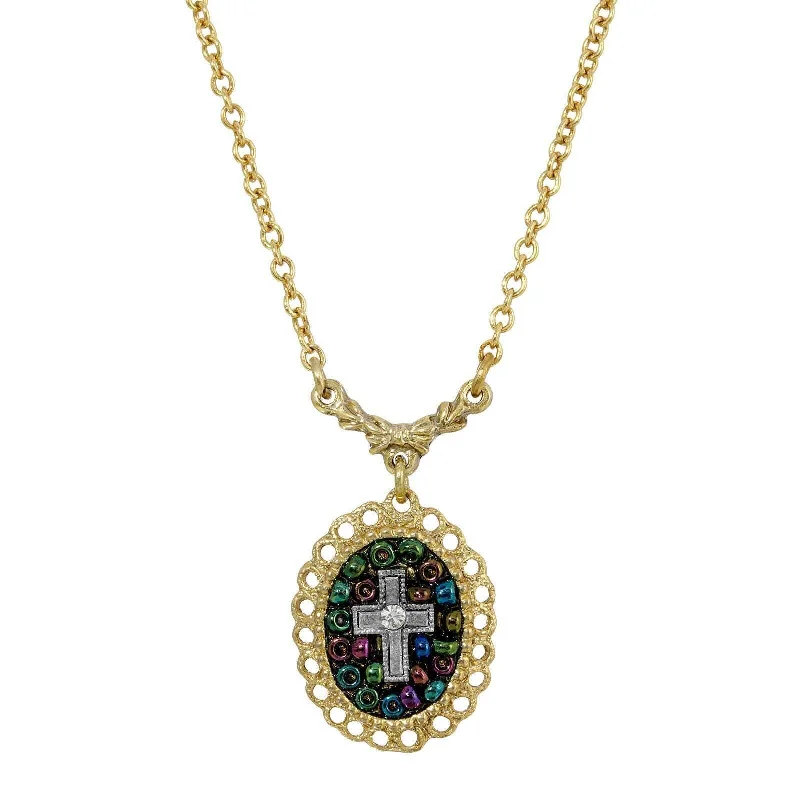 Symbols Of Faith Multi Color Seeded Beads & Crystal Cross Pendant Necklace 16" + 3" Extender