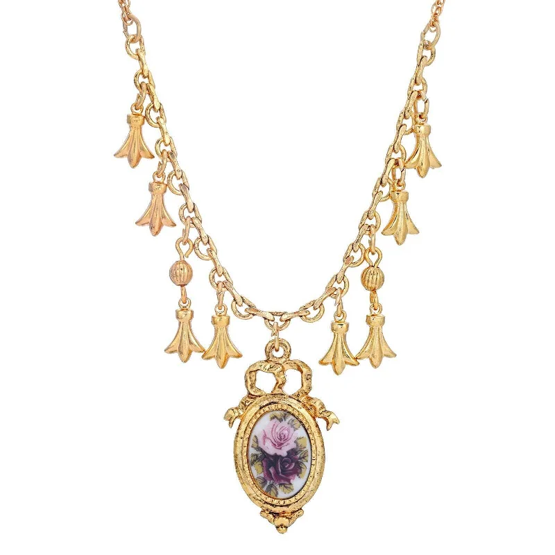 1928 Jewelry Manor House Pink And Purple Rose Pendant Charms Necklace 16" + 3" Extender