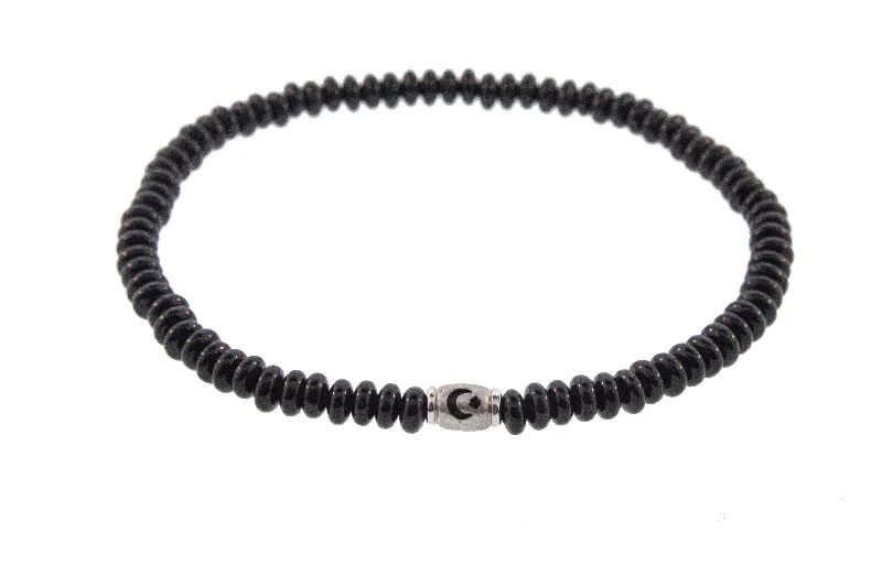 White Gold Barrel with Moon/Star on Onyx Beaded Bracelet