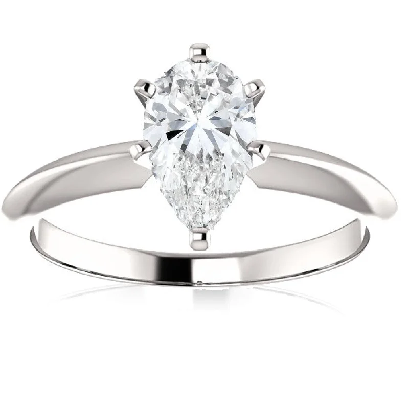 14k White Gold 1 Ct Pear Shape Diamond Solitaire Engagement Ring Lab Grown (E/VS)