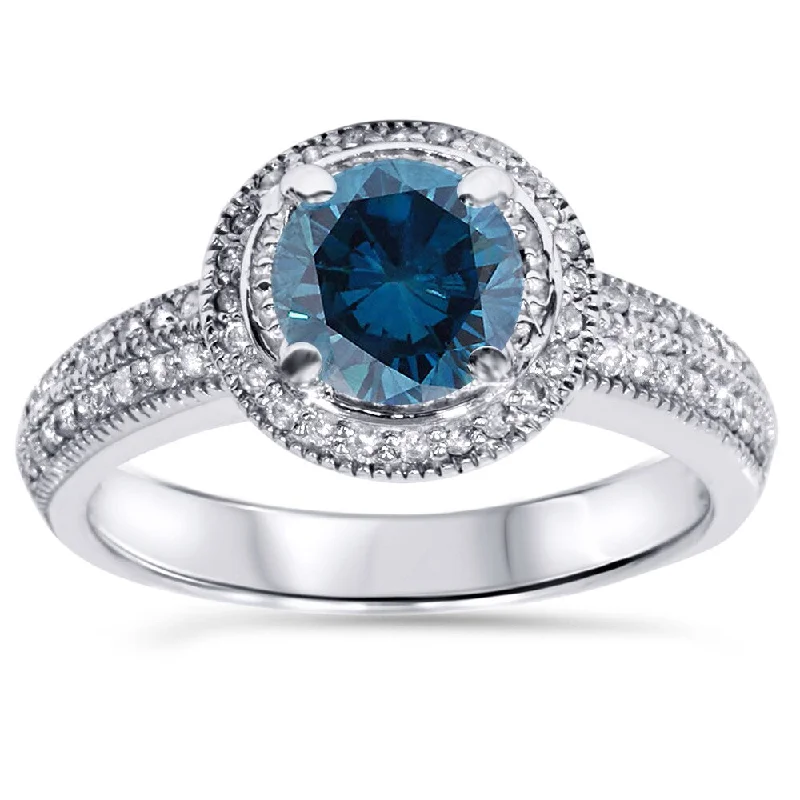 14k White Gold 1 1/3ct TDW Blue and White Diamond Vintage Halo Engagement Ring