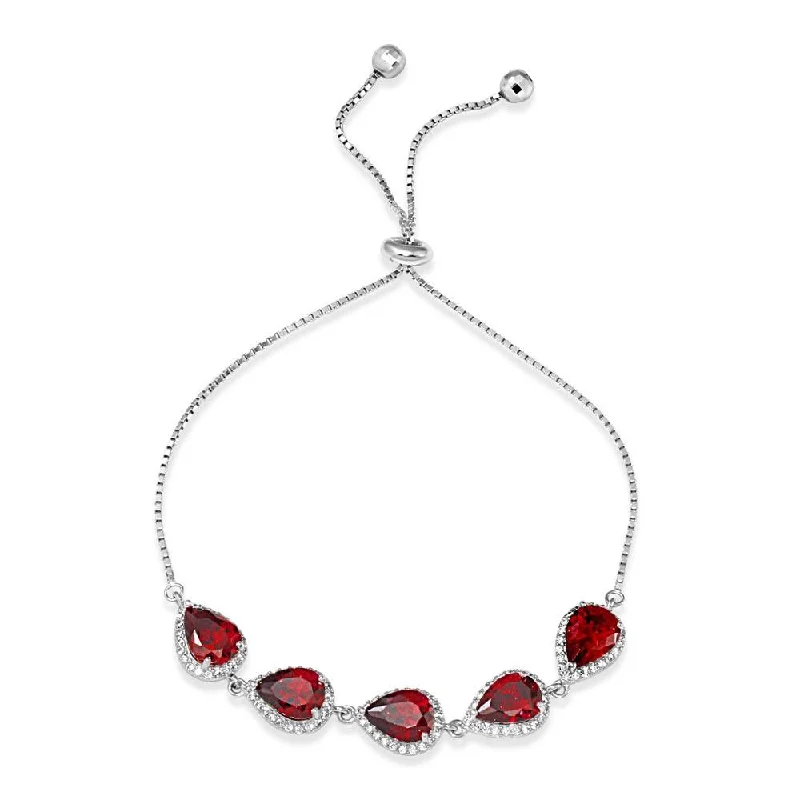 Rhodium Plated 925 Sterling Silver 5 Micro Pave Red Pear and Clear Round CZ Lariat Bracelet - STB00549RED