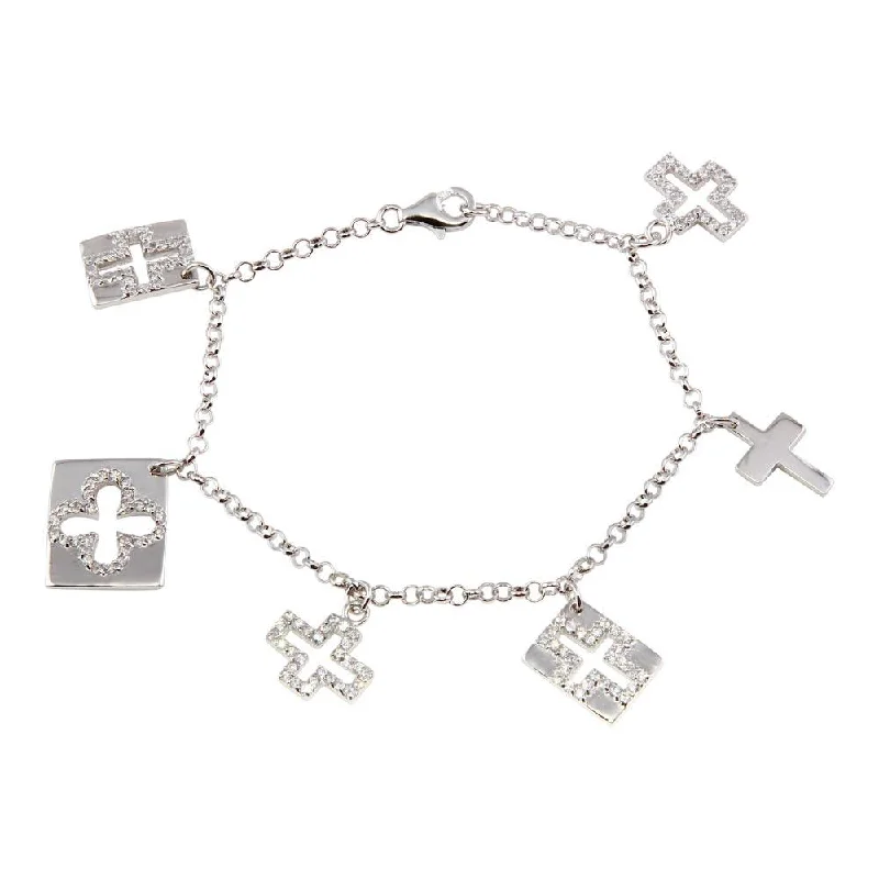 Silver 925 Rhodium Plated Multiple Dangling Cross Objects CZ Bracelet - BGB00052