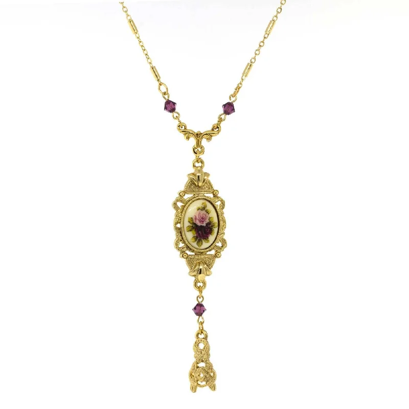 1928 Jewelry Manor House Pink & Purple Floral Drop Pendant Necklace 24"