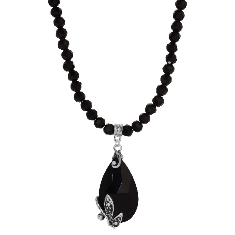 Regency Regal Jet Black Teardrop Crystal Pendant Glass Bead Strand Necklace 15" + 3" Extender