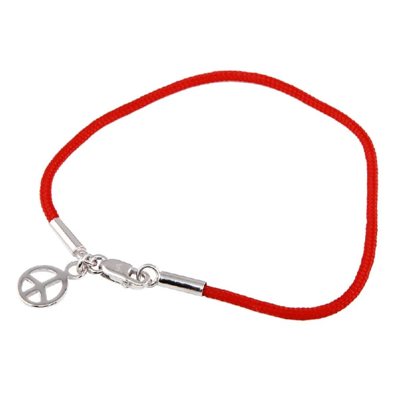 Silver 925 Rhodium Plated Peace Sign Red Cord Bracelet - STB00337