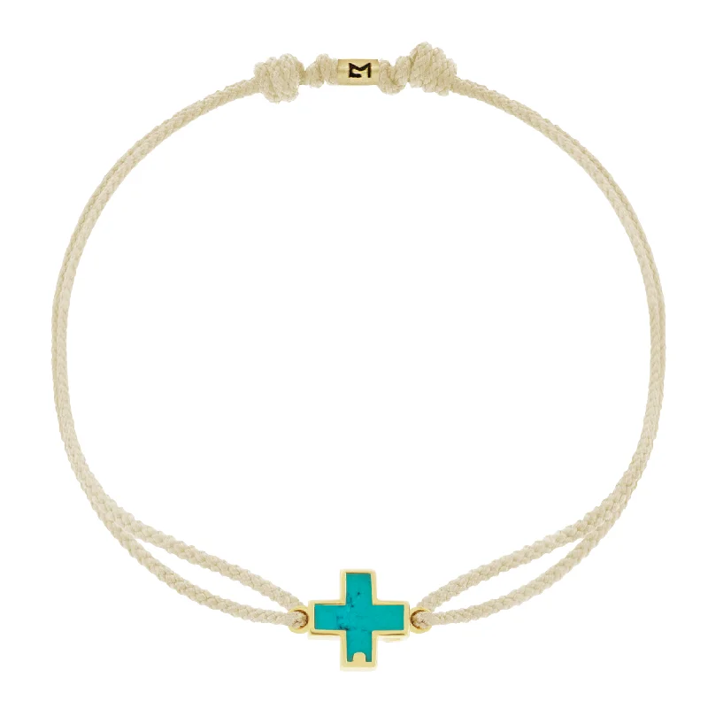 Turquoise Cross on Taupe Cord Bracelet