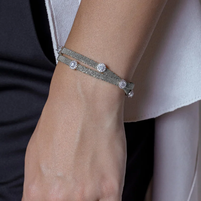 Silver 925 Rhodium Plated Round Clear CZ Double Wrap Beaded Italian Bracelet - PSB000010RH