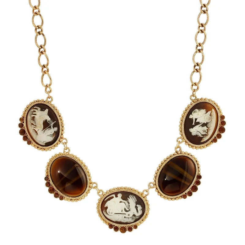 1928 Jewelry Roman Chariots Gala Cameo & Tigers Eye Stones Necklace 16" + 3" Extender