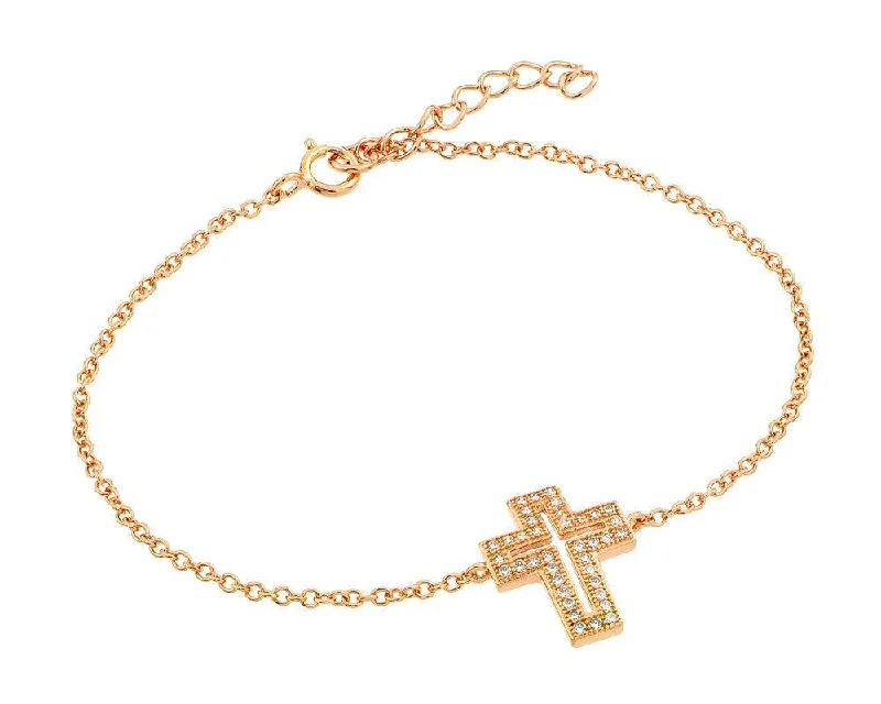 Silver 925 Rose Gold Plated Open Cross CZ Bracelet - BGB00149