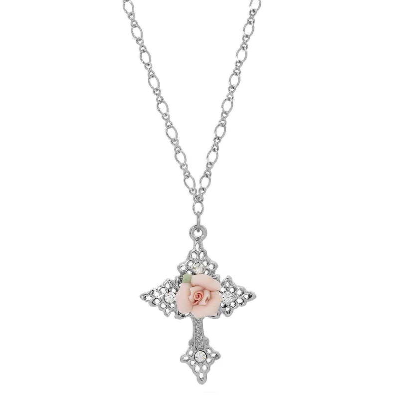 Symbols Of Faith Crystal And Porcelain Rose Cross Pendant Necklace 18"