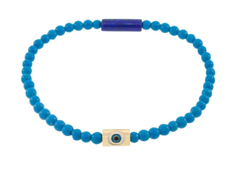 Enameled Evil Eye Short Tube on Turquoise Bead Bracelet